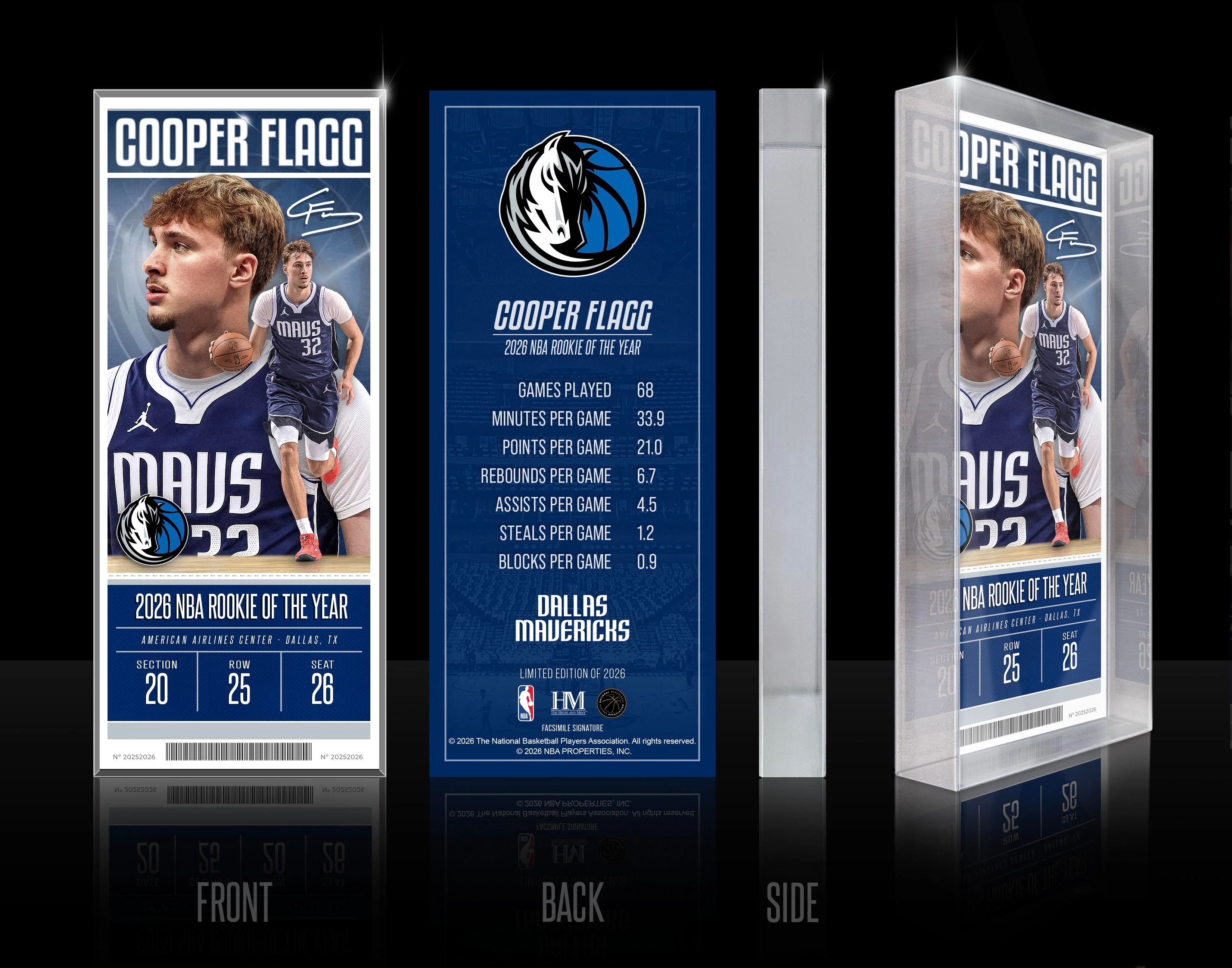 DALLAS MAVERICKS HIGHLAND MINT COOPER FLAGG ROOKIE OF THE YEAR ACRYLIC 3D TICKET - Image 4